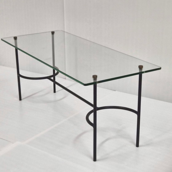 Image 1 of Vintage salontafel uit de jaren 50, zwart gelakt staal en glas, jaren 50, DLG Pierre Guariche