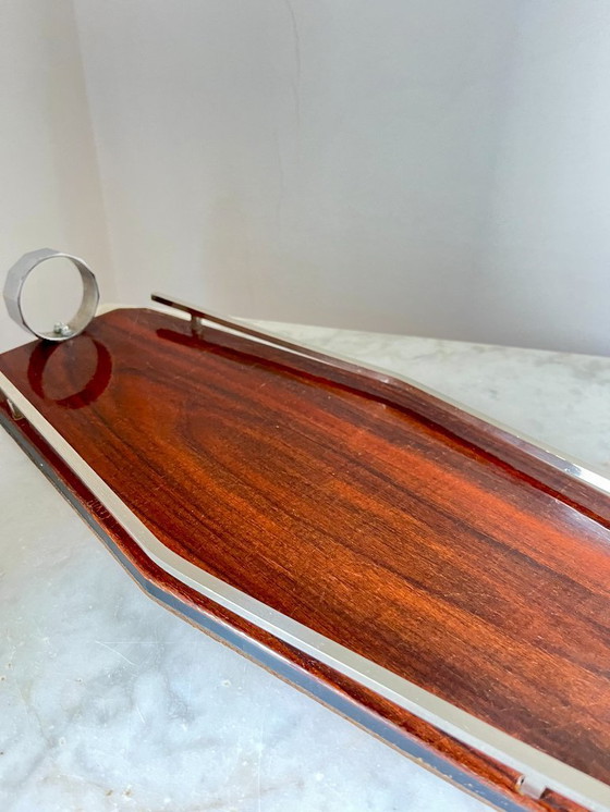 Image 1 of Plateau de service Art déco en bois et chrome – Design géométrique, vintage années 1930