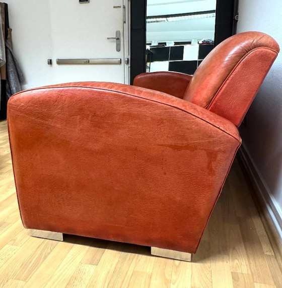 Image 1 of Brocantique Jacques Adnet Art Deco Set: Leren bank, fauteuil en poef