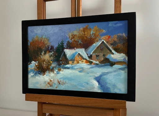 Original Oil Painting Winter House Landscape Houses under a blanket of snow