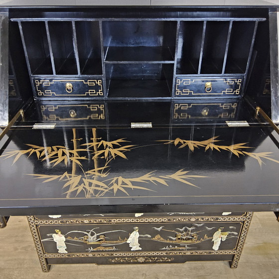 Image 1 of Vintage Chinese Lacquer Secretary / Desk with Mother-of-Pearl Overlay / Bohemian / Oriental Cabinet