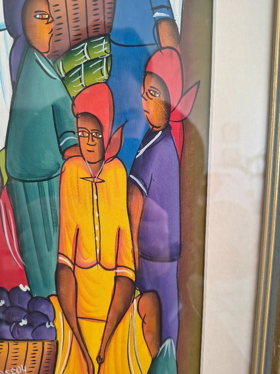 Image 1 of Pintura haitiana - Década de 1960 - Escena de mercado - Firmada
