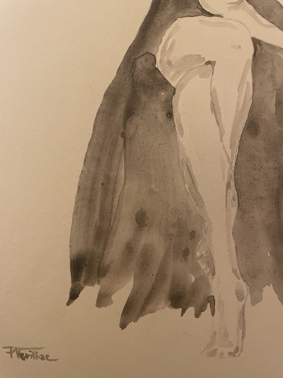 Image 1 of Watercolor Sepia Portrait of a Woman "La Robe Noire" (The Black Dress)