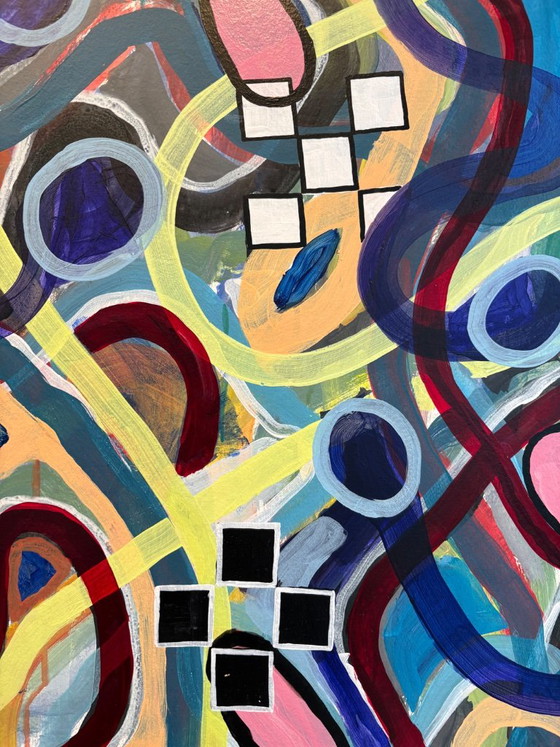 Pittura astratta con linee e forme colorate, Dipinti e disegni, Tela, Legno, Multicolore, Abstract (foto 2 di 7)