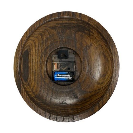 Image 1 of Vintage round oak wall clock carved turned wood retro Germany 1980s.