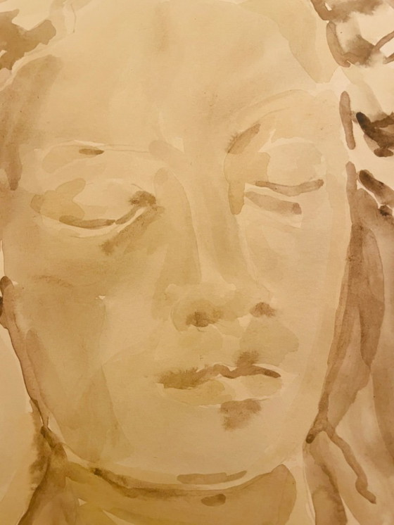 Image 1 of Retrato de una mujer en acuarela sepia monocromática, "pensamiento".