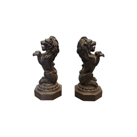 Image 1 of Victorian cast-iron lions on pedestals, late 19th century