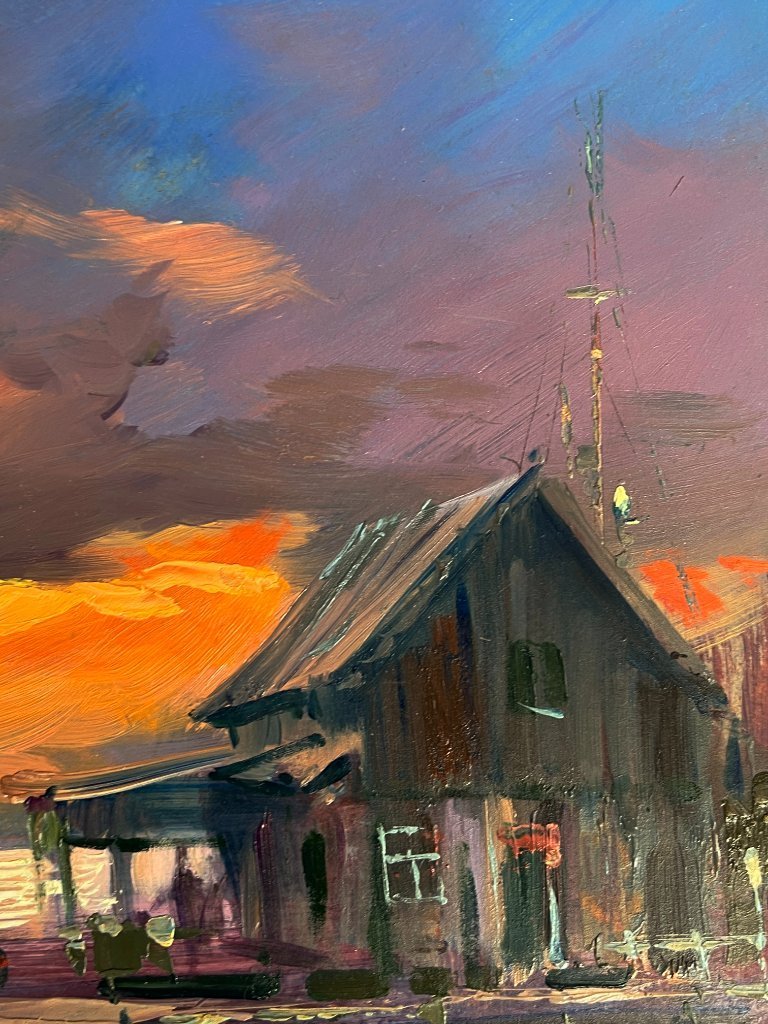 Original Oil Painting Countryside Landscape River Sunset Evening