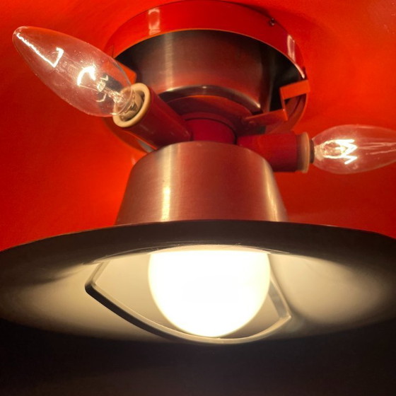 Scandinavian Modern Danish Brushed Aluminium Silver And Red Rise And Fall 4-Light Hanging Lamp, 1970s (photo 11 of 17)