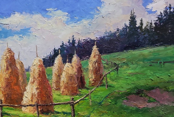 Original Oil Painting Summer Nature Landscape Haystacks in the Mountains – Paintings & Drawings, Canvas (photo 7 of 8)