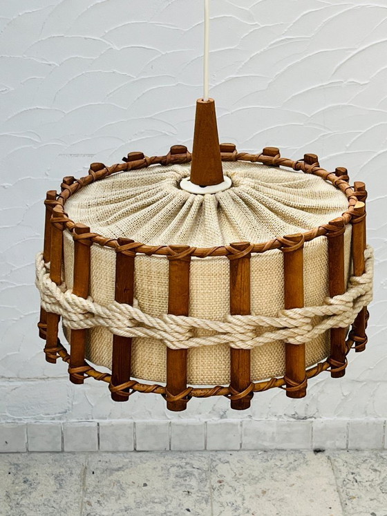 Image 1 of Scandinavian pendant light made of wood and jute canvas