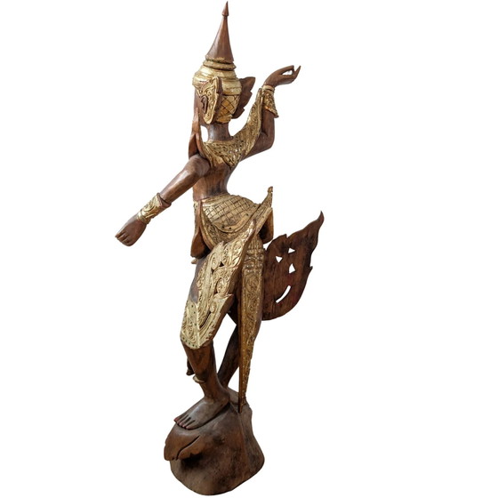 Grande Kinnara birmane sculptée à la main – Bois dur doré et incrustations de verre – 112 cm – Sculptures (photo 6 of 10)