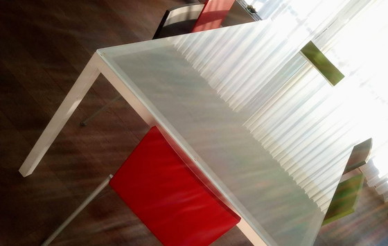 Image 1 of Designer table with white base, frosted glass tabletop; 180x99.50x74cm, detachable