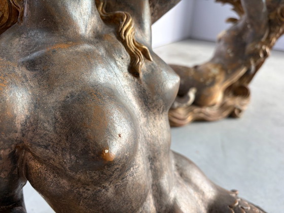 Vintage Gilt Wood Mermaid Coffee Table, 1960s - Italy, Glass, Brown (photo 6 of 13)