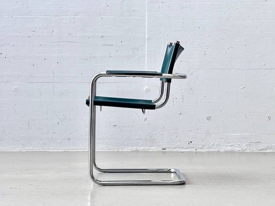 Sedia Cantilever Vintage con Braccioli - Pelle Petrolio e Cromo, Anni '70 – Sedie da camera, Leather (photo 7 of 15)