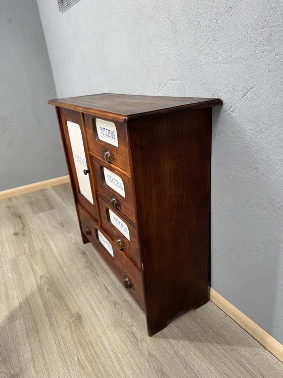 Image 1 of Antique kitchen cabinet with porcelain drawer plates | ca. 1900-1930