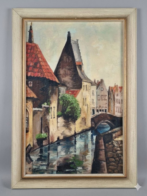 Atmospheric Oil Painting (1935): Historic Canal View of Bruges – schilderijen tekeningen, Wood