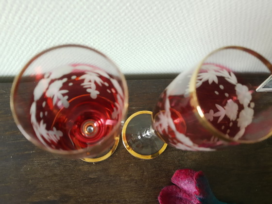 Image 1 of Set vintage kristallen Janus champagneglazen flutes met bladgoud