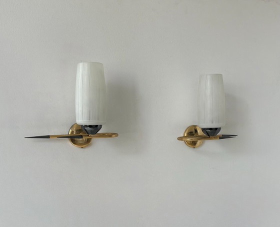 Image 1 of Coppia di applique vintage in ottone e vetro, Francia, anni '50