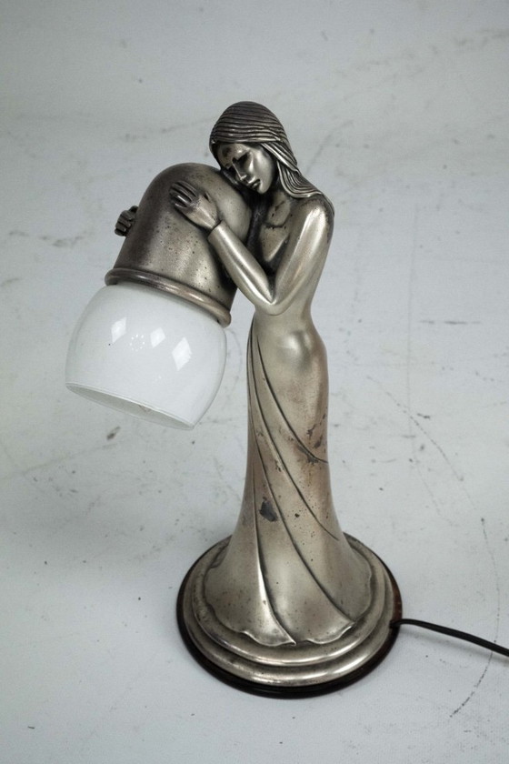 Image 1 of Silver Vermeil Figural Table Lamp with Opaline Glass. Italy 1960s
