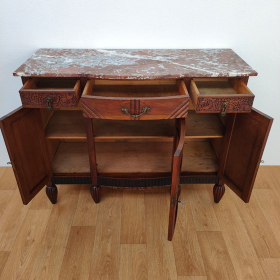 Image 1 of Klassieke, landelijke vintage commode dressoir met marmer blad