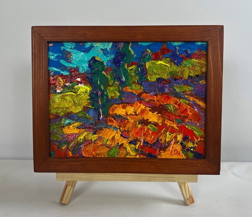 Original Oil Painting Day Field Landscape In the autumn meadows