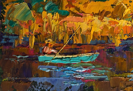 Image 1 of Original Oil Painting Autumn River Landscape Autumn evening by the river