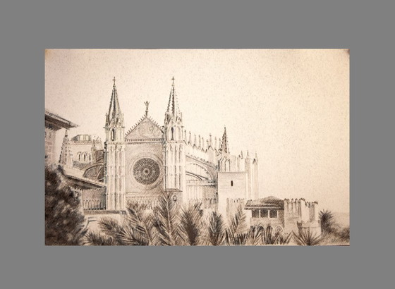 Image 1 of Charcoal drawing of the Cathedral of Mallorca. Mallorca drawing. Painting of Mallorca. Mallorca cityscape. Mallorca. New.