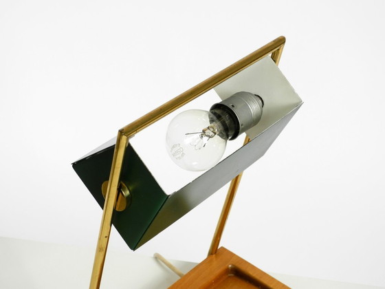 Image 1 of Original large 1960s Temde table lamp with a brass frame, teak base, and green lampshade