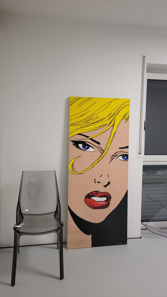 Image 1 of VUČKO "Roy Lichtenstein Vicki" – Hand-painted XXL canvas – 170x70 cm, signed