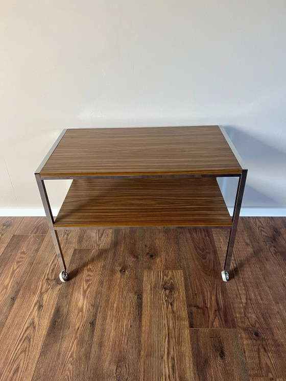 Mid Century Chrome and Teak Formica Serving Trolley, 1970s, Space Age Serving Trolley, Vintage Rolling TV Cart (photo 6 of 9)