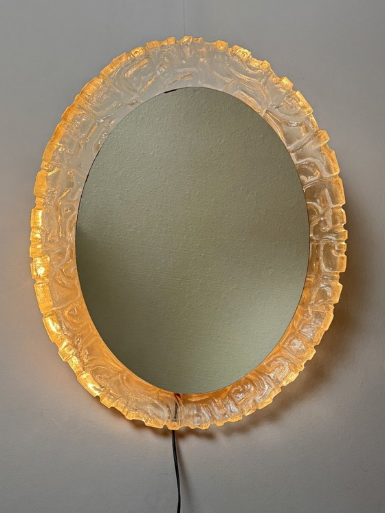 Image 1 of Large Mid-Century Backlit Sugar Glass Oval Mirror, Sculptural Illuminated Wall Mirror, Europe, 1960s–1970s