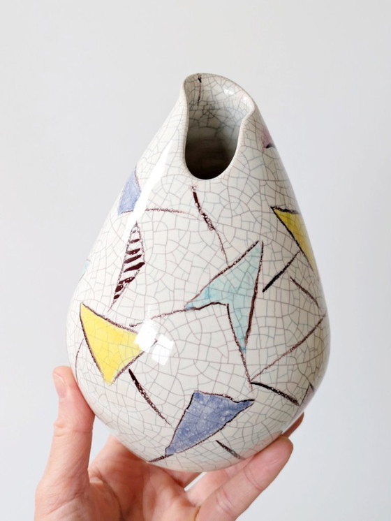 Image 1 of 1950er Silberdistel-Vase | Abstrakte geometrische Craquelé-Glasur | Westdeutsche Keramik