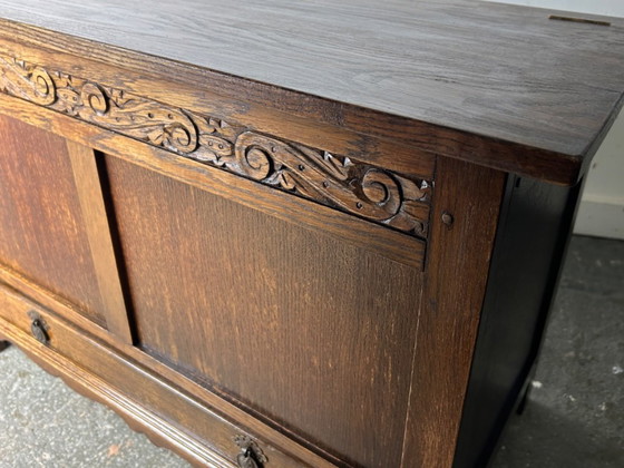 Early 20th Century Oak Blanket Box Mule Chest with Drawer Carved Jacobean Style, Storage cabinet, Metal, Wood (photo 3 of 9)