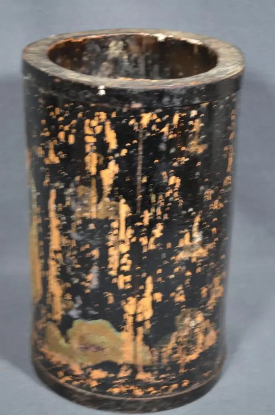 Late 19th Century Important Black Lacquered Bamboo Pot With Polychrome Character Decoration – Plant pot (photo 4 of 12)