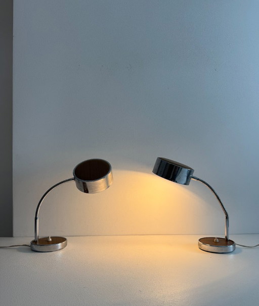 Pair of vintage adjustable table lamps, chromed metal and wood, France, 1970