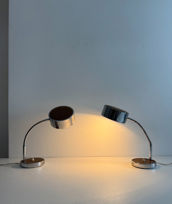 Image 1 of Pair of vintage adjustable table lamps, chromed metal and wood, France, 1970