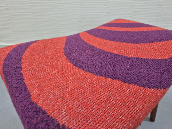 Image 1 of Vintage footstool with graphic print in orange/purple.