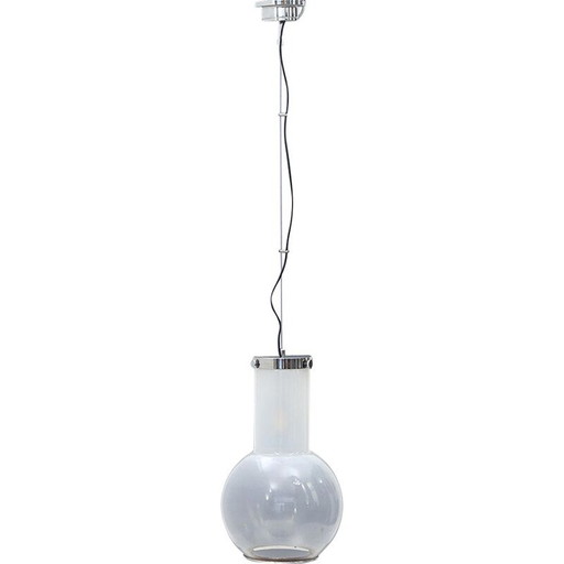 Lampadario vintage in vetro e metallo cromato, Italia 1970