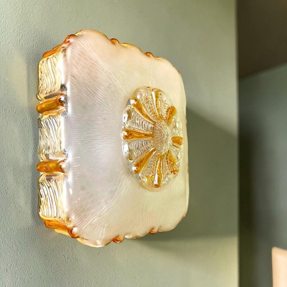 Image 1 of Plafonnier ou applique murale carrée encastrée en verre de Murano clair et ambré