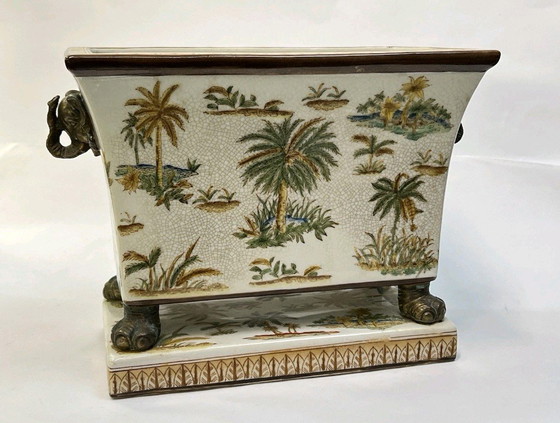 Image 1 of Vaso da fiori in ceramica vintage, dipinto con una testa di elefante in bronzo, H: 21 cm