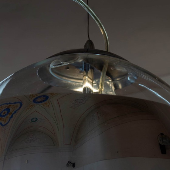 Image 1 of 1x Italian Modern Space Age Pendant Light, Glass & Silver Metal, 1980s