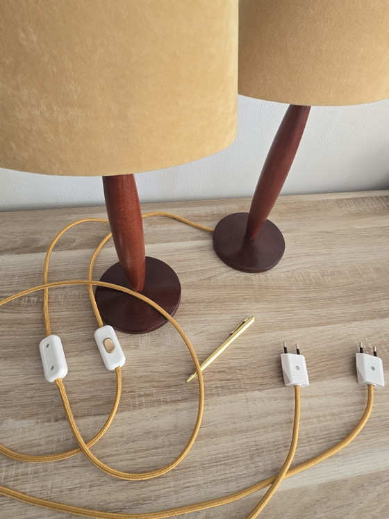 Image 1 of Pair of Mid-Century Modern Wooden Table Lamps by Herda Holland - Newly Rewired