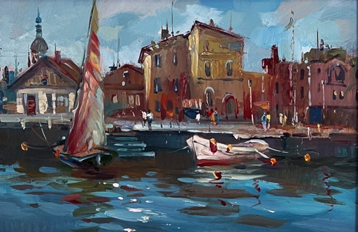 Dipinto ad olio originale: Paesaggio urbano, Architettura, Le antiche vie di Venezia