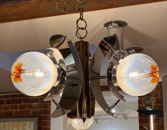 Vintage metalen kroonluchter met kaarsenhouders van Murano-glas (Gino Mazzega) - Drie lampen – Chrome (photo 6 of 7)