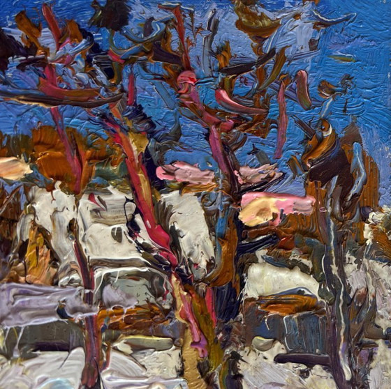 Image 1 of Original Oil Painting Winter Village Landscape Crows in the trees