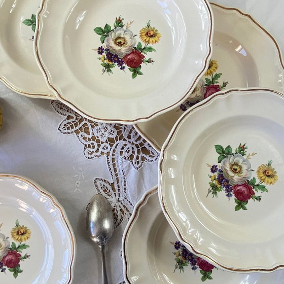 Image 1 of Set of 6 antique Badonviller earthenware soup plates with flowers and gilding