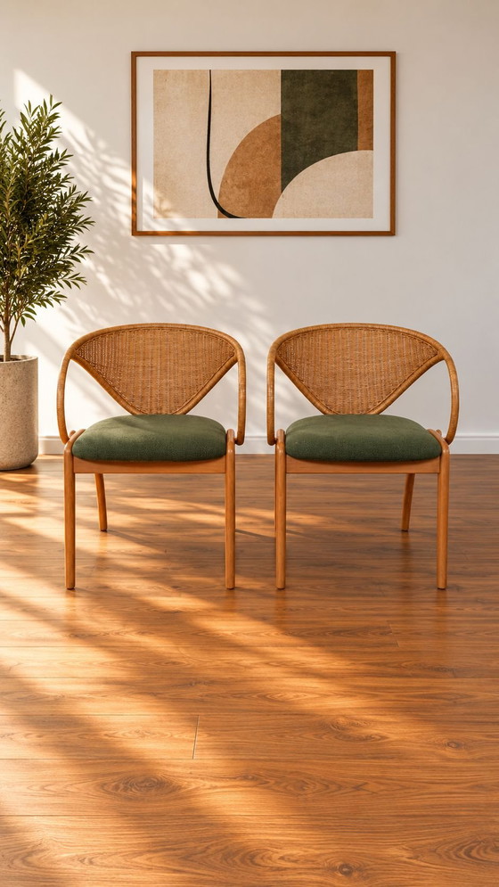 Tavolo e sedie LUBKE vintage design scandinavo – Lübke, Set da pranzo, Rattan, Tessile (photo 8 of 10)