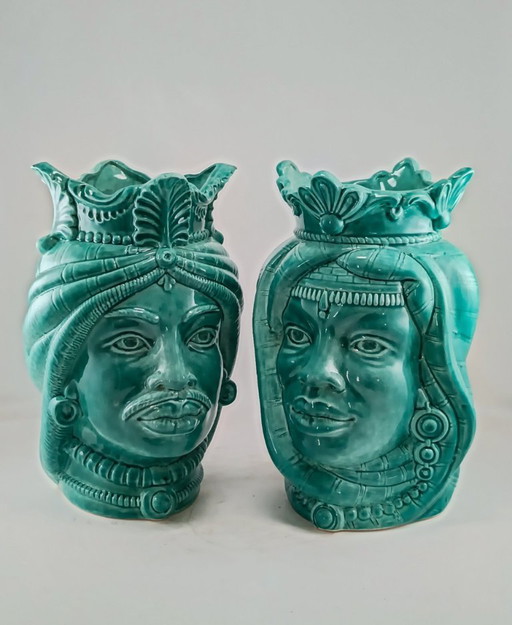 Pair of green majolica Moor's head vases - Sicily