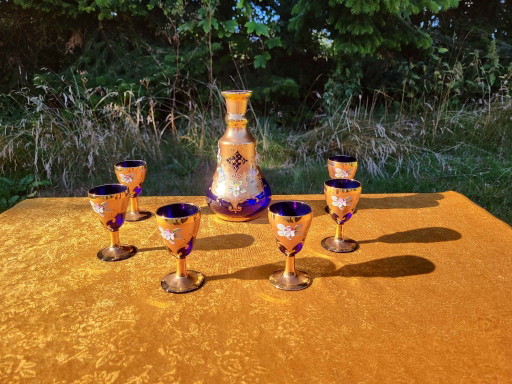 Juego de Decantador Vintage Murano Hecho a Mano Azul Cobalto - Oro 24K 7 Piezas